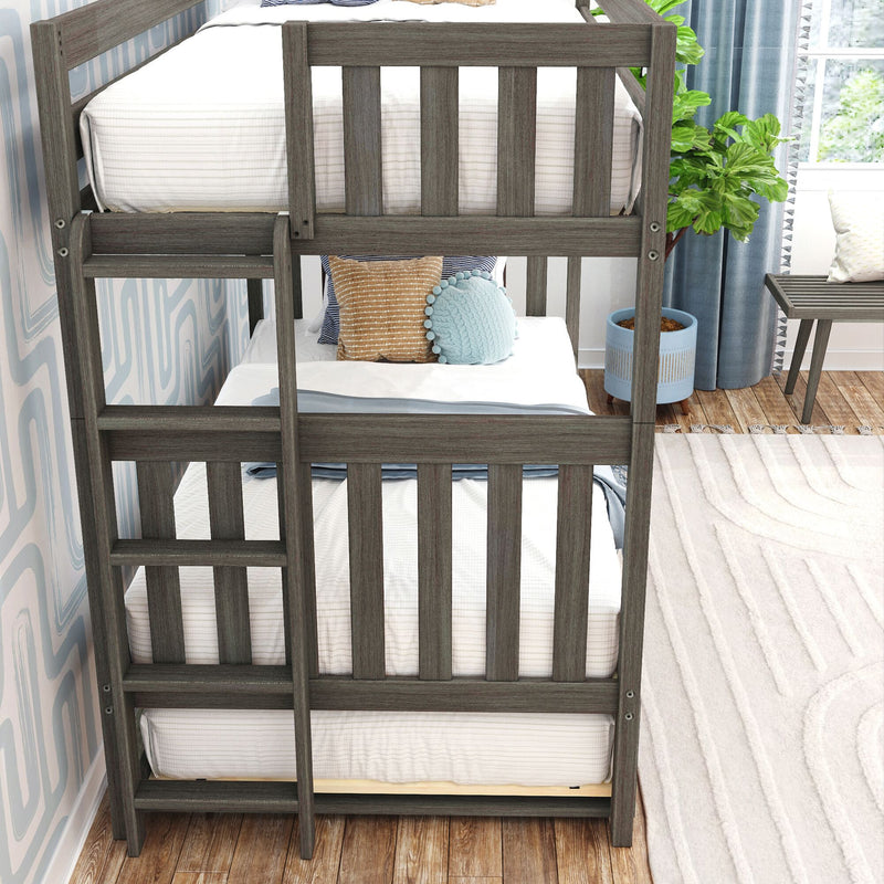 Grey wooden twin-over-twin bunk bed with ladder in a modern kids' bedroom, white striped bedding, decorative throw pillows, blue curtains and potted plant