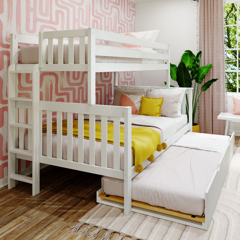 White wooden bunk bed with pull-out trundle in a colorful children's bedroom featuring geometric pink wallpaper and a large green plant.