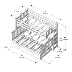 Twin-over-full bunk bed with pull-out trundle and ladder — isometric line drawing of wooden frame with slatted guardrails and labeled dimensions (inches/cm) for room planning and assembly