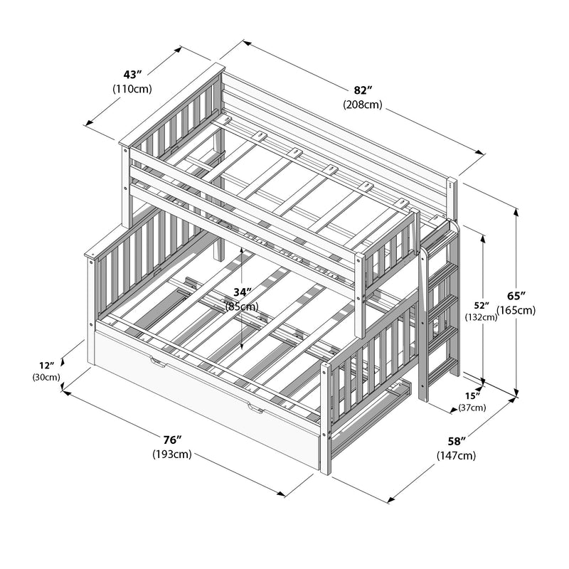 Twin-over-full bunk bed with pull-out trundle and ladder — isometric line drawing of wooden frame with slatted guardrails and labeled dimensions (inches/cm) for room planning and assembly