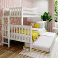 White twin bunk bed with pull-out trundle in a pink retro-patterned kids' bedroom, yellow throw and pillows, indoor plants by a sunlit window, modern children's room decor
