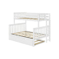 White wooden twin-over-full bunk bed with ladder, slatted guardrails, exposed wooden slats and pull-out underbed drawer for kids' bedroom furniture