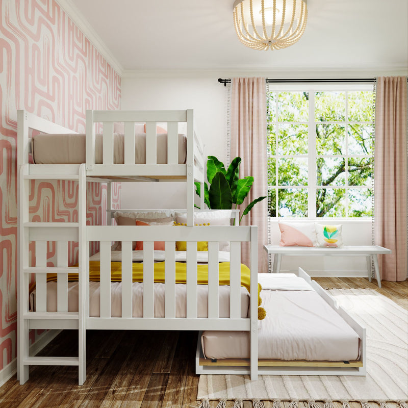 Bright modern kids bedroom with white bunk beds, pink geometric wallpaper, window seat with cushions, sheer pink curtains and indoor plant
