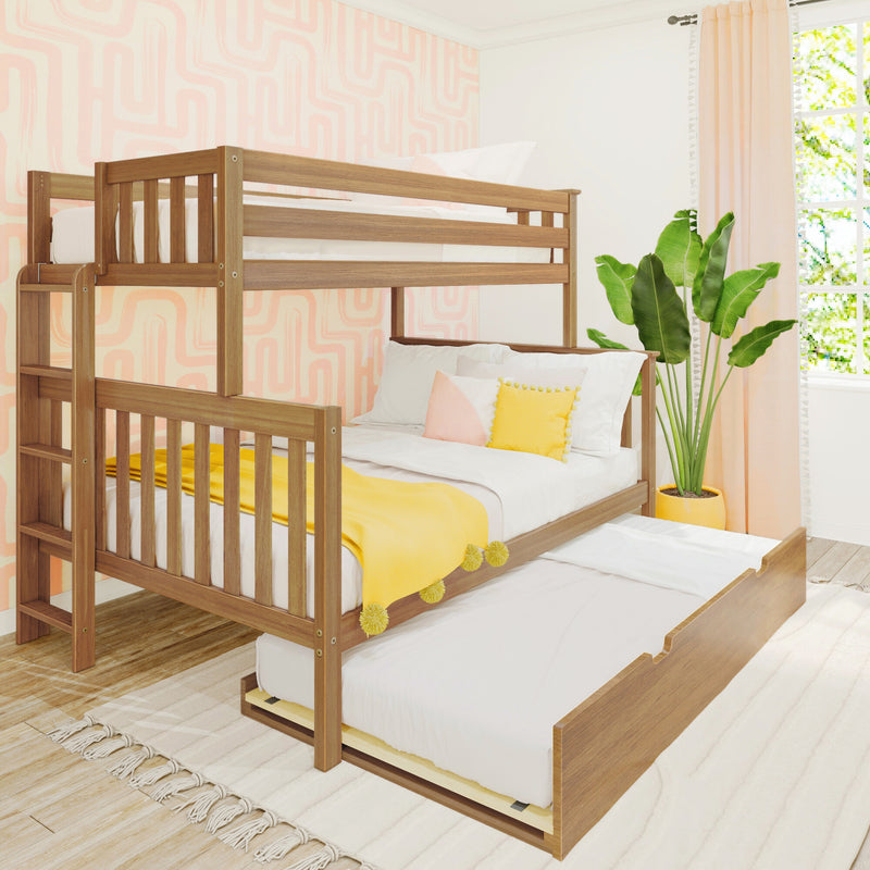 Stylish wooden bunk bed with trundle in a modern bedroom featuring peach and yellow accents, perfect for maximizing space and adding elegance.