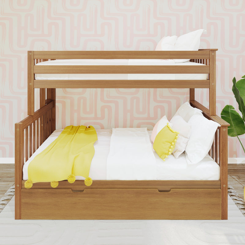 Wooden bunk bed with white bedding and yellow accents in a modern pink-themed bedroom.