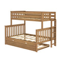 Solid wood bunk bed with ladder, slatted headboards, top guardrail and under-bed storage drawer in natural oak finish