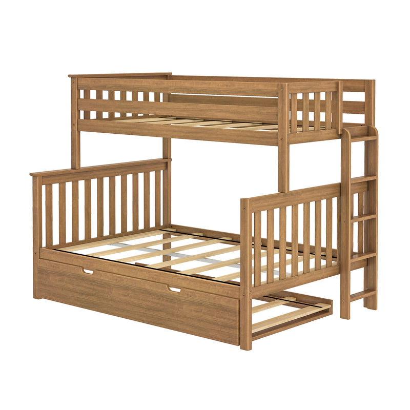 Solid wood bunk bed with ladder, slatted headboards, top guardrail and under-bed storage drawer in natural oak finish