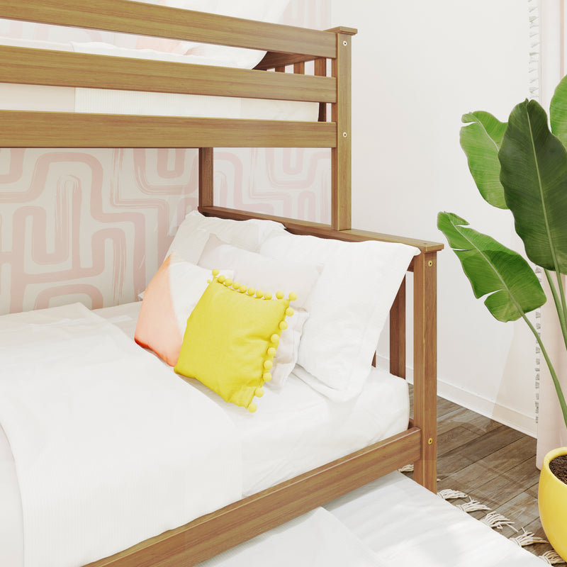 Bunk bed with wooden frame and bright yellow pillow in modern bedroom.