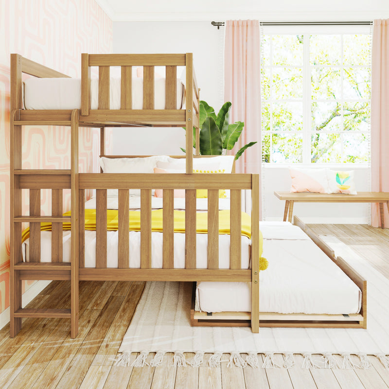 Modern children's room with wooden bunk bed, pull-out trundle, and large window with pink curtains.