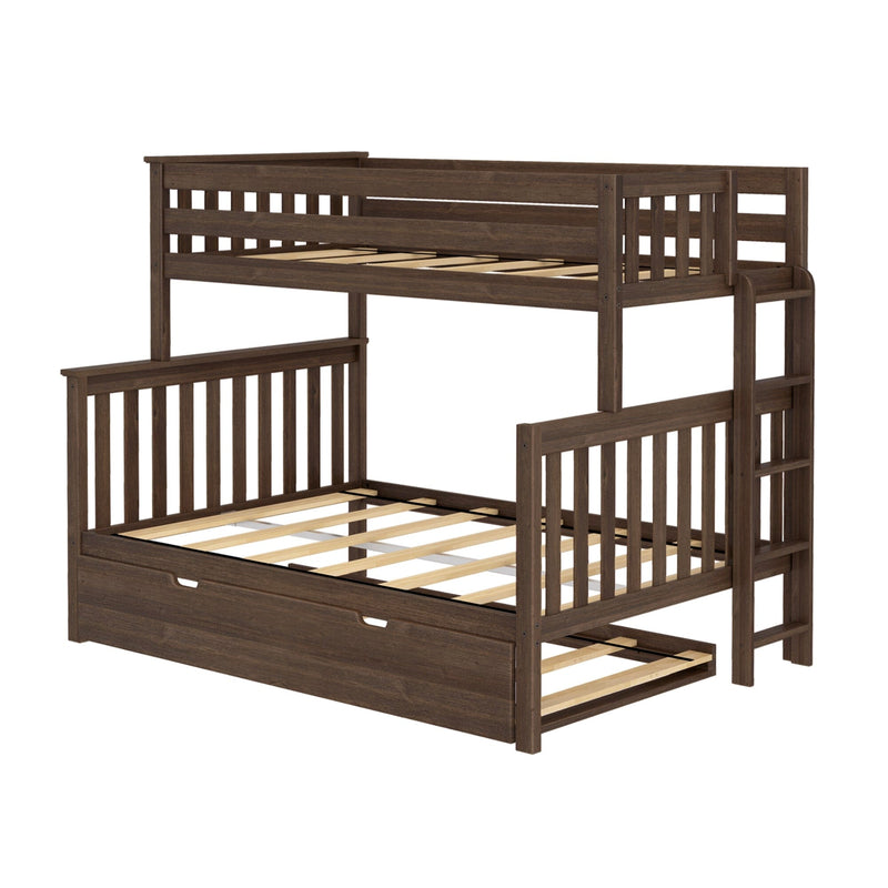 Wooden twin-over-twin bunk bed with ladder and pull-out trundle drawer.