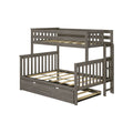 Gray wooden bunk bed with built-in trundle drawer, side ladder and slatted headboards — space-saving kids' bedroom furniture