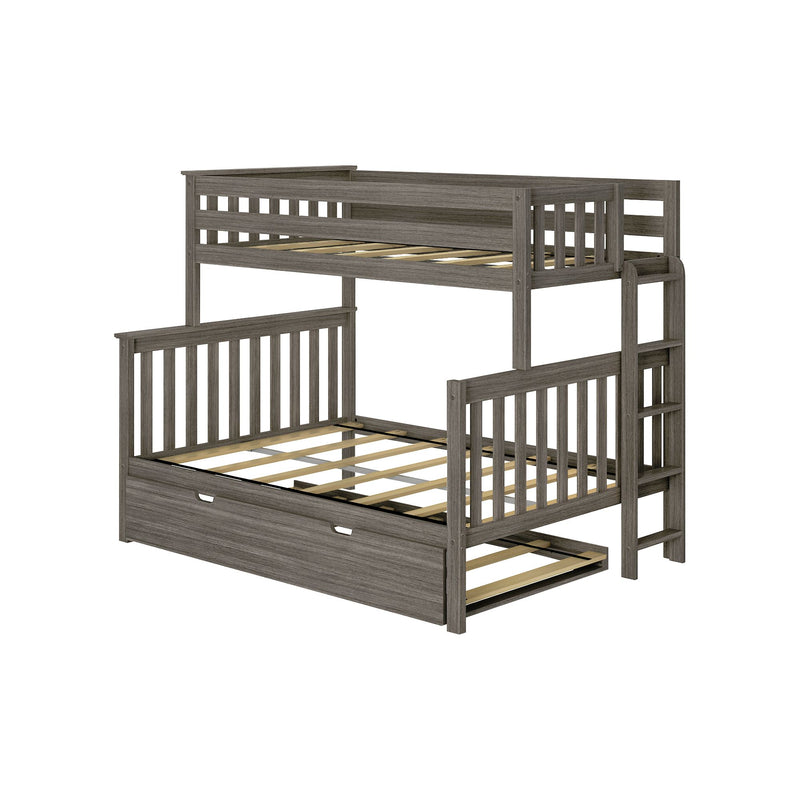 Gray wooden bunk bed with built-in trundle drawer, side ladder and slatted headboards — space-saving kids' bedroom furniture