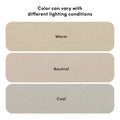 Carpet color swatches showing warm, neutral and cool beige tones in textured close-up — color may vary with lighting conditions