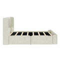 Beige upholstered platform bed frame with exposed wooden slats and rounded high headboard, modern minimalist bedroom furniture