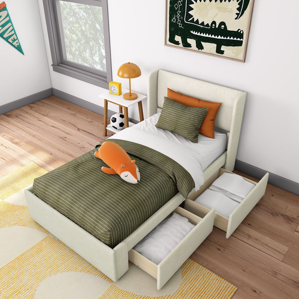 Modern children's bedroom with a cozy green and orange bed, stuffed fox toy, and wooden storage drawers.