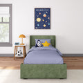Child's bedroom with green bed, blue bedding, and solar system wall art.