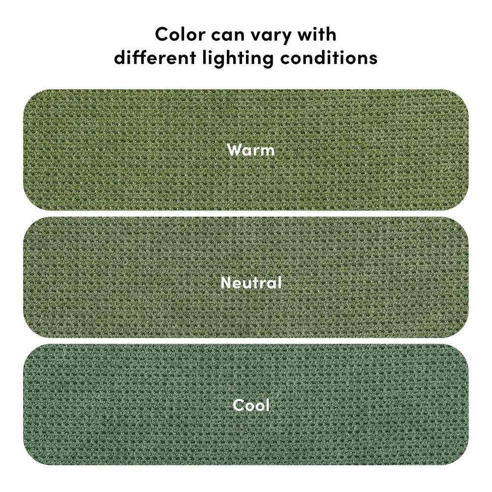 Shades of green fabric in warm, neutral, and cool lighting conditions, showcasing color variation.