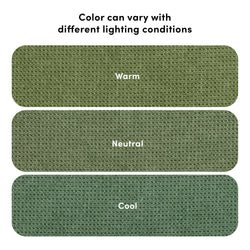 Shades of green fabric in warm, neutral, and cool lighting conditions, showcasing color variation.