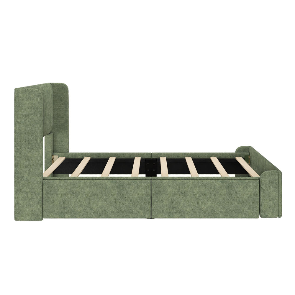 Green upholstered bed frame with wooden slats and storage drawers, modern bedroom furniture.
