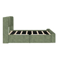 Modern green upholstered bed frame with wooden slats and high headboard.