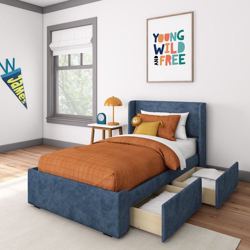 Stylish kids' bedroom with blue upholstered bed featuring under-bed storage drawers, orange bedspread, and decorative wall art for a vibrant interior design.