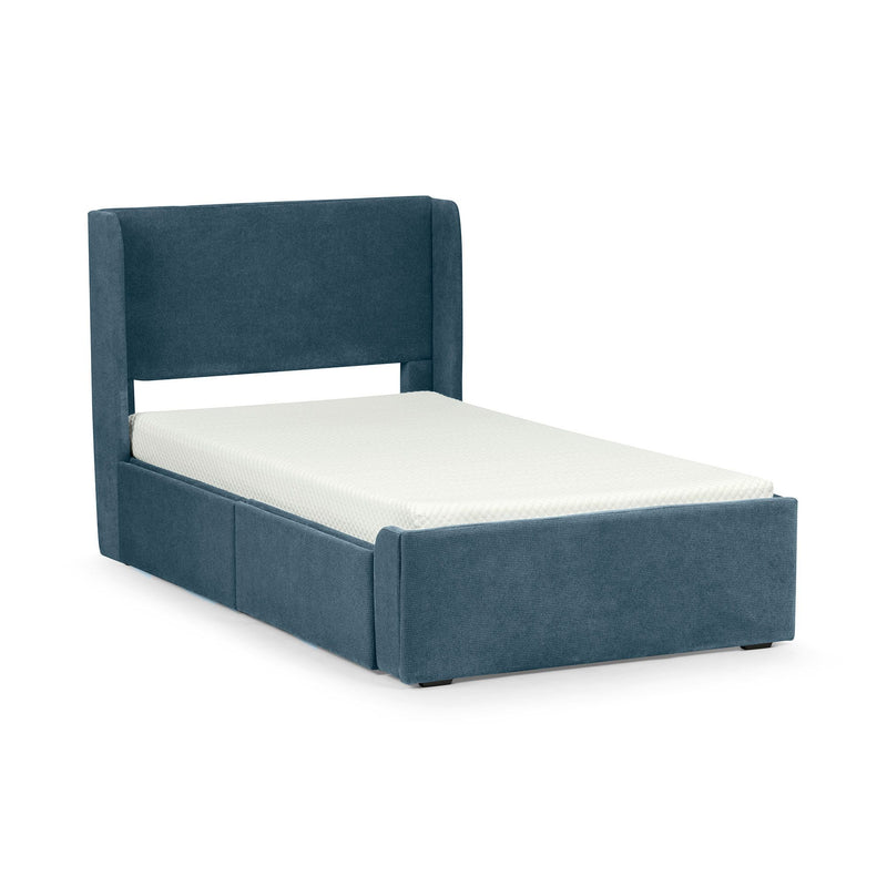 Modern blue fabric-upholstered twin bed frame with padded headboard and white mattress on white background