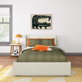 Kids bedroom interior with green striped bedding, orange accent pillows and lamp, plush fox toy on bed, framed crocodile wall art, bedside table with clock and soccer ball