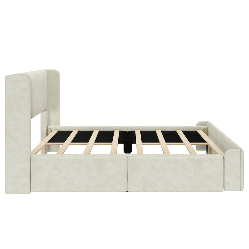 Modern platform bed with beige upholstered frame and wooden slatted base, perfect for stylish bedroom decor.