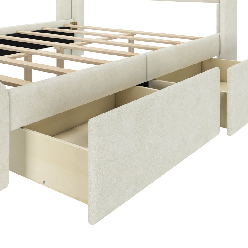 Modern white bed frame with pull-out storage drawers, perfect for space-saving bedroom solutions.