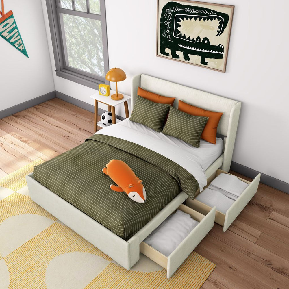 Children's bedroom with storage bed, green and orange bedding, and playful fox pillow for modern decor.