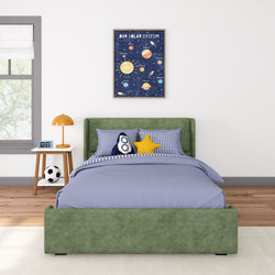 Cozy children's bedroom with a green bed, space-themed decor, and solar system wall art.