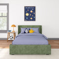 Kids space-themed bedroom with green upholstered bed, blue bedding, rocket and star pillows, framed solar system poster above bed, orange bedside lamp, wooden nightstand, digital clock and soccer ball.