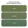 Green fabric swatches showing color variation under different lighting conditions — warm, neutral, and cool tones with visible woven texture