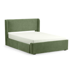 Green upholstered bed frame with modern design and integrated storage drawers.