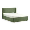 Green upholstered platform bed with padded headboard and under-bed storage drawers, modern bed frame with mattress