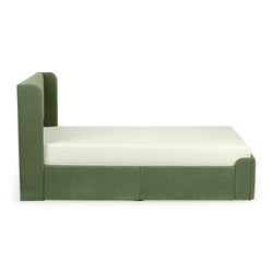 Green upholstered bed frame with modern design and white mattress for stylish bedroom decor.