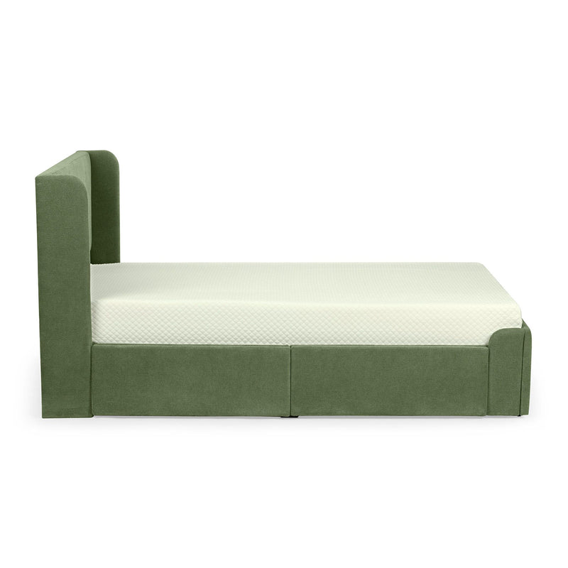 Green upholstered bed frame with modern design and white mattress for stylish bedroom decor.