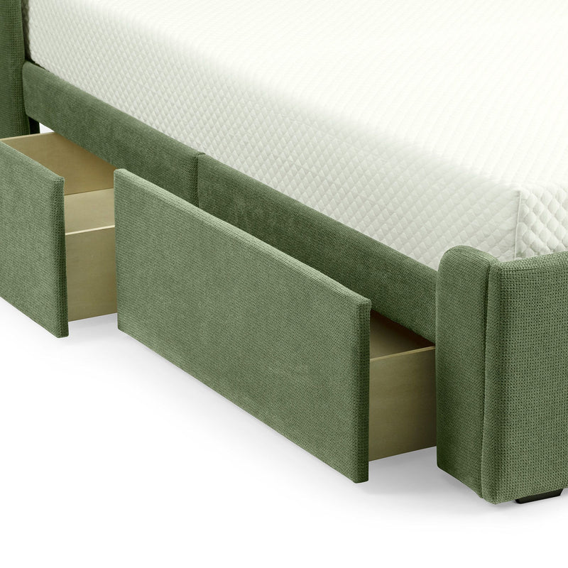 Green upholstered bed with open under-bed storage drawers and a white quilted mattress.