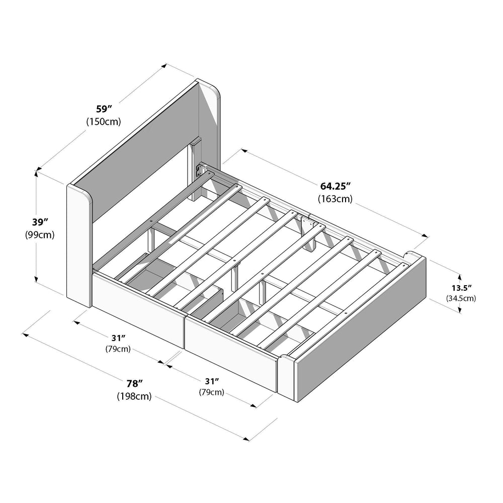 Detailed dimensions of a queen-size bed frame with headboard and storage options.