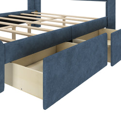Blue upholstered bed frame with open storage drawers, ideal for maximizing bedroom space.