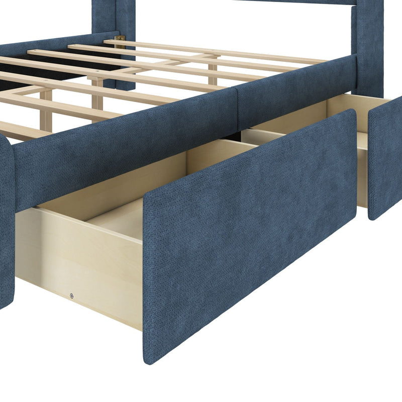 Blue upholstered bed frame with open storage drawers, ideal for maximizing bedroom space.