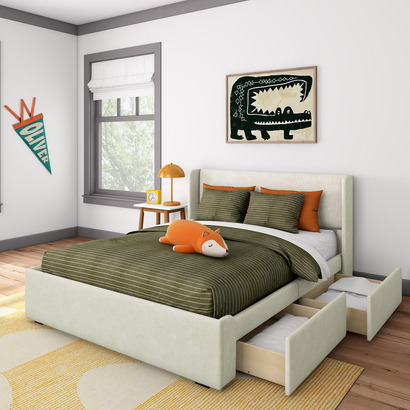 Modern kids' bedroom with green and orange decor, featuring a bed with striped bedding, playful fox pillow, and under-bed storage drawers.