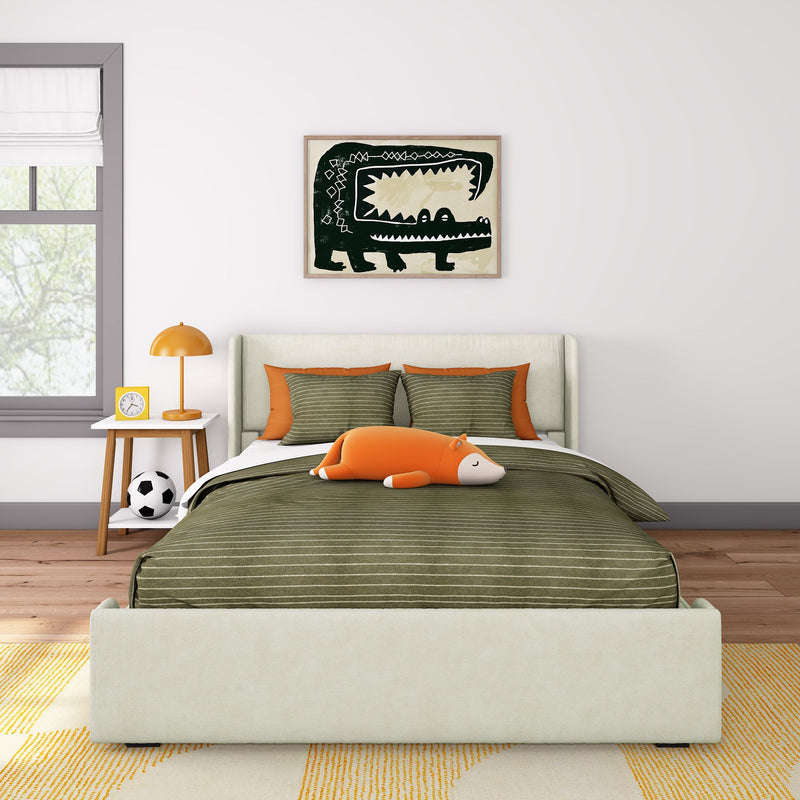 Cozy modern bedroom with green and orange decor, featuring a plush fox toy on the bed.