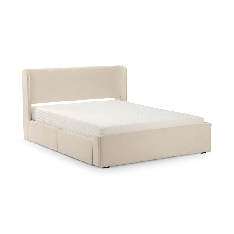 Beige upholstered platform bed with tall padded headboard, white mattress and built-in under-bed storage drawers — modern minimalist bedroom furniture