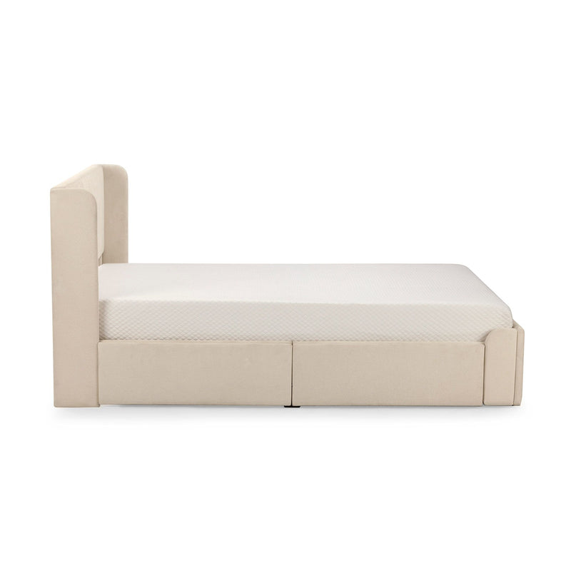Modern beige upholstered single bed with mattress and storage drawers, ideal for contemporary bedroom decor.