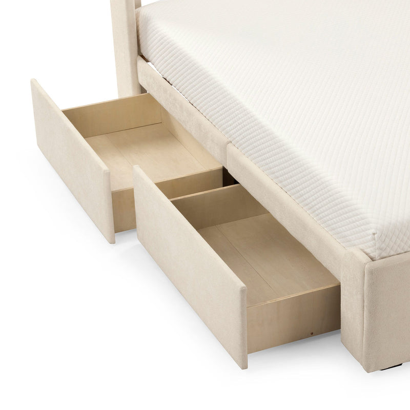 Modern beige platform bed with built-in storage drawers, featuring a quilted mattress.
