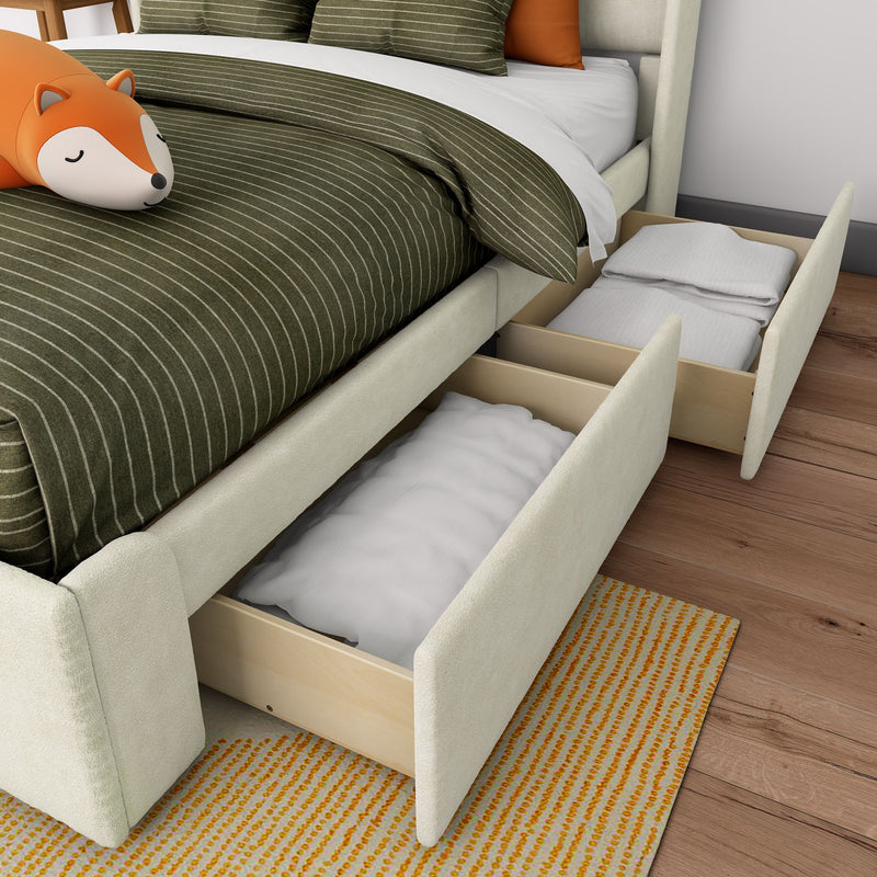 Platform bed with storage drawers, green striped bedding, and fox-shaped pillow for modern bedroom organization.
