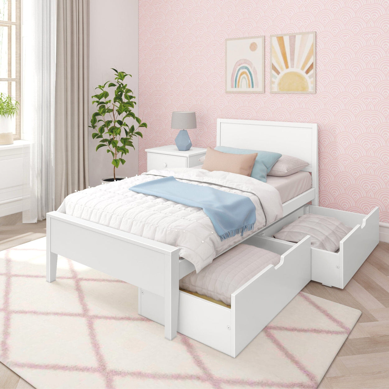187100-002 : Kids Beds Classic Twin-Size Bed with Panel Headboard and Storage Drawers, White