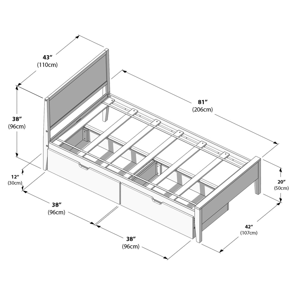 Diagram of a bed frame with dimensions, highlighting storage drawers and bed slat structure for optimal furniture selection.