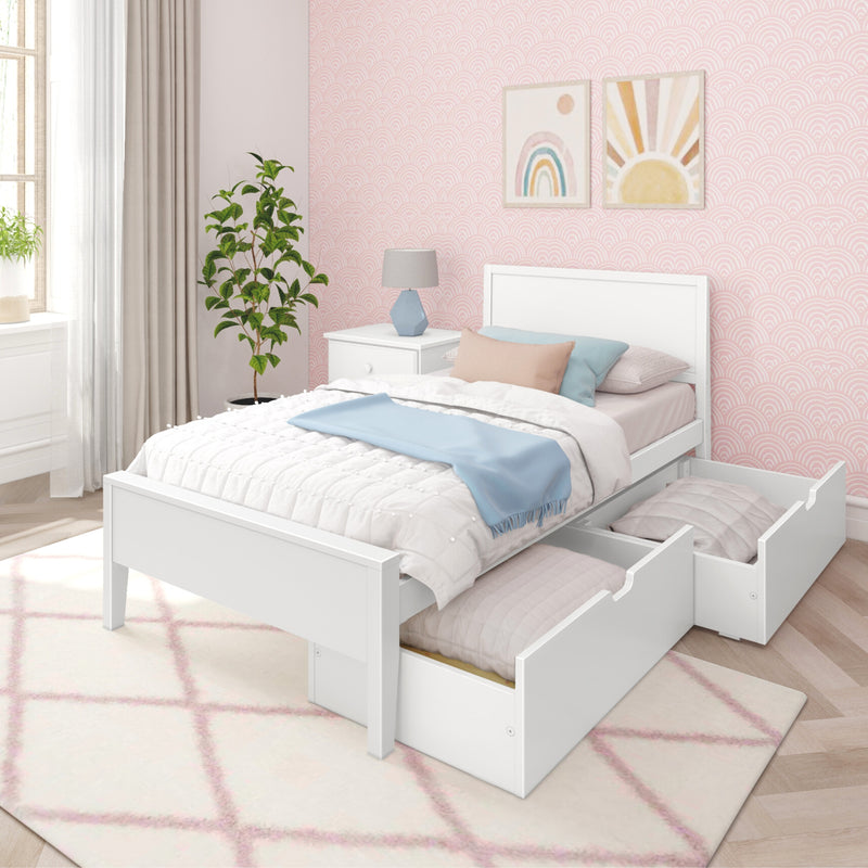 Pastel girls bedroom with white twin storage bed, pink scallop wallpaper, pastel pillows and blue throw, bedside lamp and potted plant